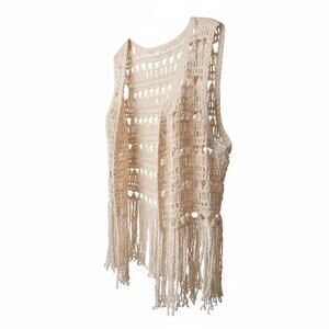 Boho festival M cream western open knit crochet fringe cardigan vest